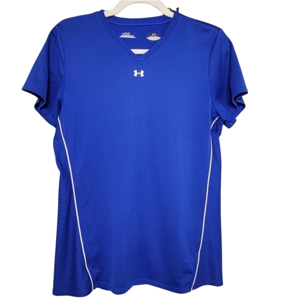 Under Armour Blue V Neck Perforated Womens T Shirt Size Medium Number 18 White
